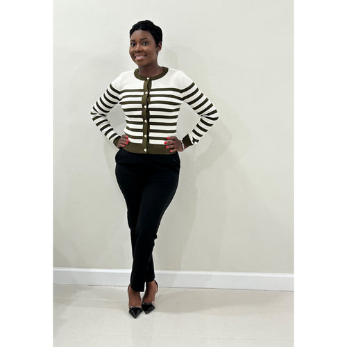 Crew Neck Striped Cardigan (Olive)