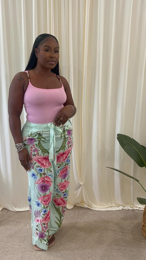 🌿 Botanical Wide Leg Pants (Mint Multi)