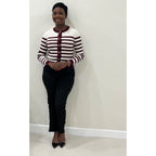 Crew Neck Striped Cardigan (Burgundy)