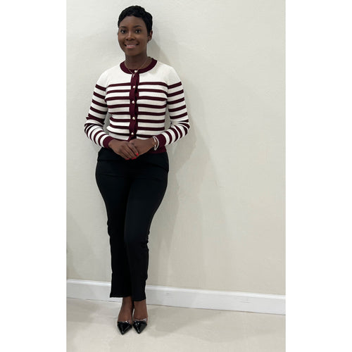 Crew Neck Striped Cardigan (Burgundy)